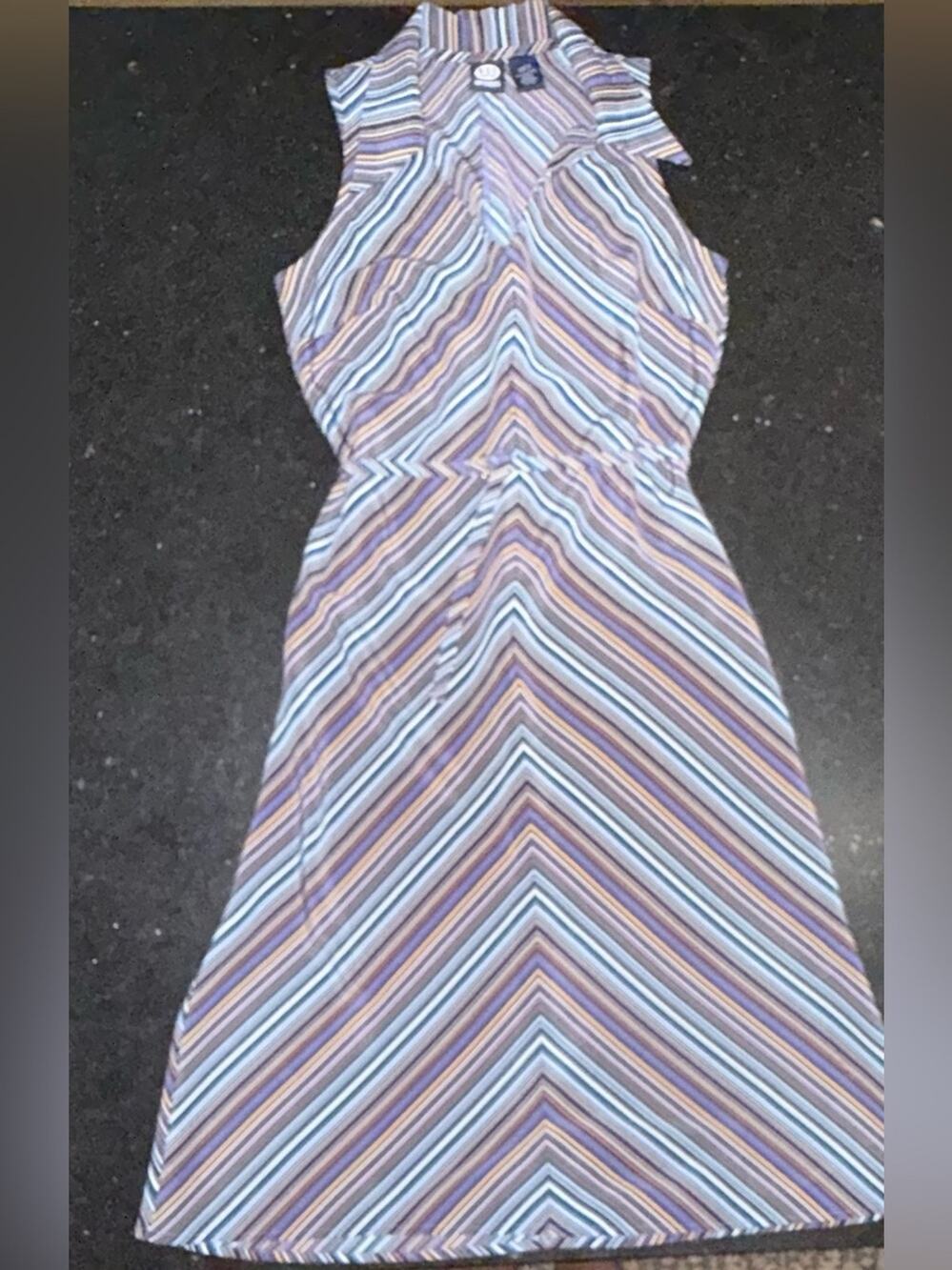 UEC RUE21 Y2K Blue Purple Striped Knee Length Dress Deep V Neck Collared SZ 11